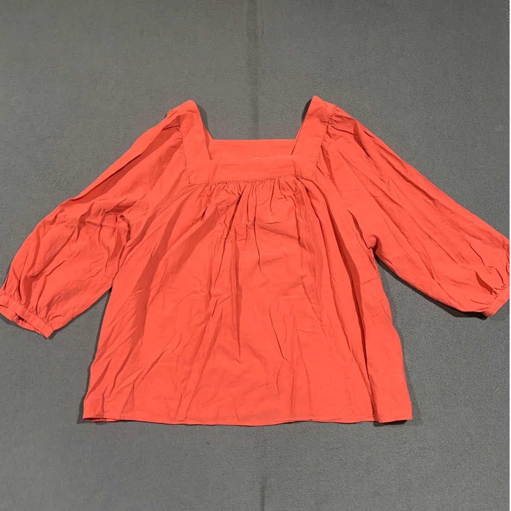 Womens 1X Orange Square Neck 3/4 Balloon Sleeve Blouse Cottagecore‎ Top 16W-18W